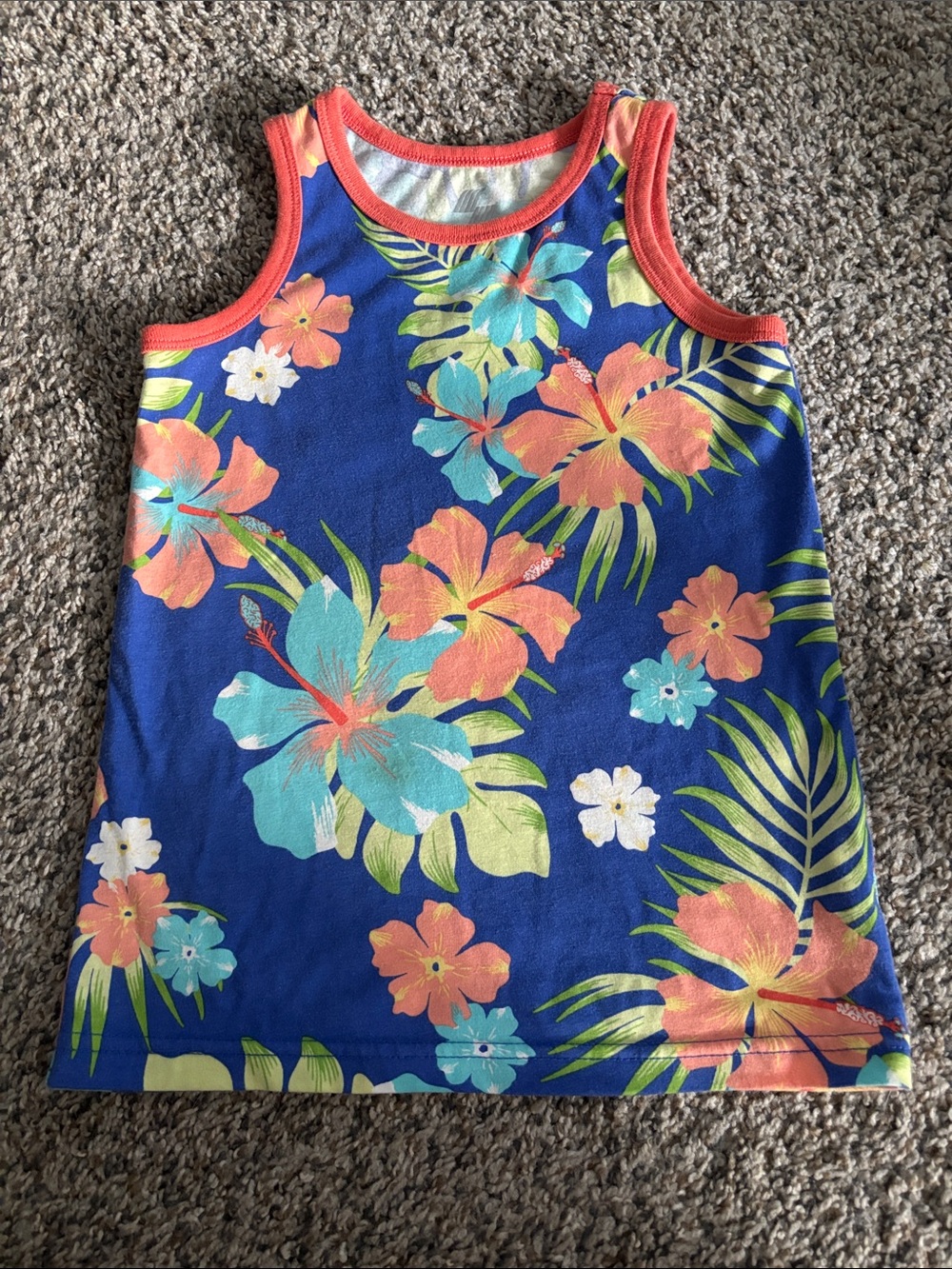 Boys Navy Tropical Floral Tank Top with Coral Trim